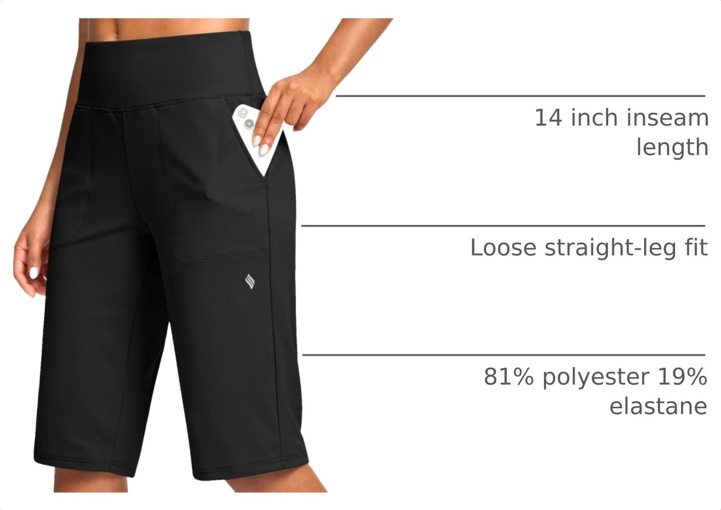 SANTINY 14" Shorts for Women Knee Length with Pockets High Waisted Stretch Long Bermuda Shorts for Summer Dressy Casual (Black L)