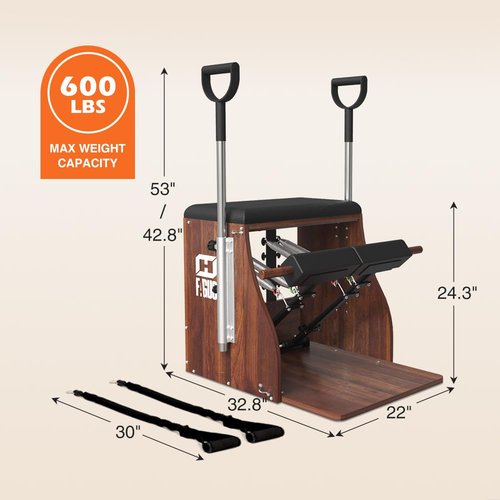Pilates Pro Chair, Split-Pedal Stability Combo Chair with Handles, Yoga Fitness Trainer, Pilates Reformer Machine, Pilates Equipment Perfect for Home Use & Gym Workout, Black Walnut and Black Pad