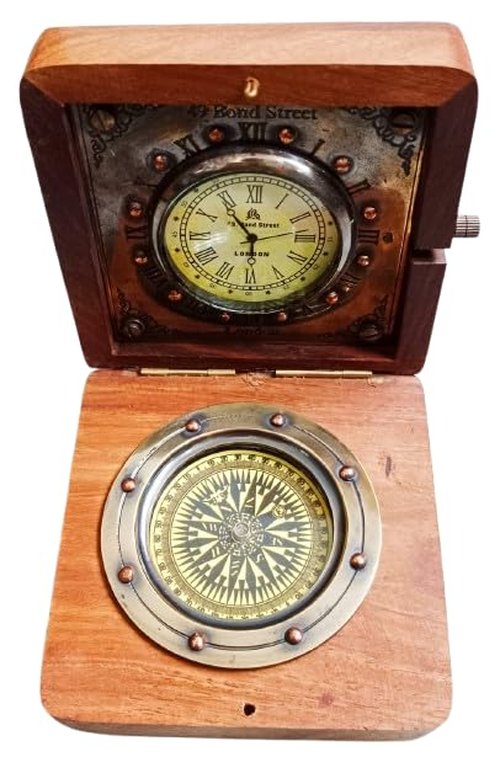 3.5 Inch Handmade Wooden Brass Compass | with Clock Authentic Vintage Maritime & Nautical Compass | Collectible Gift Replica Watch Hiking Travelling Use