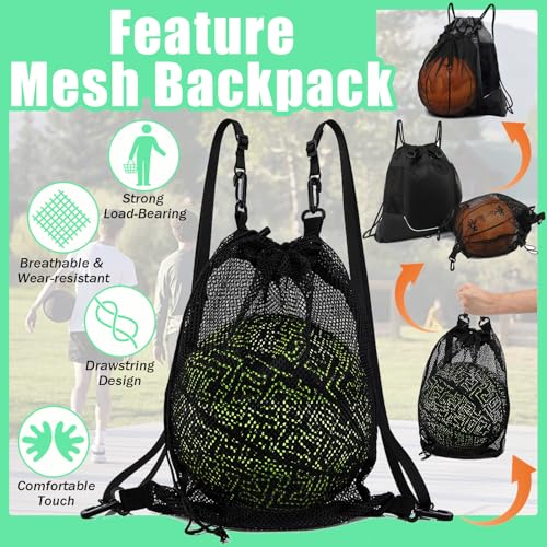 Dark Black Drawstring Soccer Bag with Detachable Mesh Ball Pocket - Foldable Sports Backpack for Kids & Teens