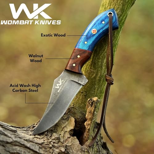 Handmade Cowboy Knife for Men & Women with Blue Wood Handle and Leather Sheath