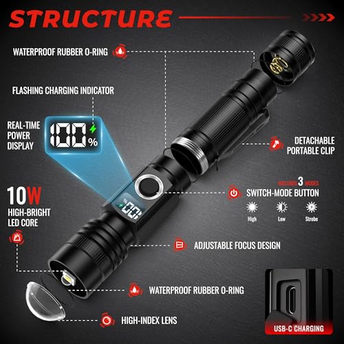High Lumens Rechargeable LED Flashlight with Power Display, Waterproof, Focusable