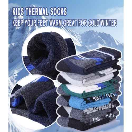 Yebing Kids Merino Wool Hiking Socks Boys Girls Toddlers Winter Warm Thermal Thick Cushion Boot Crew Gift Socks 6 Pairs