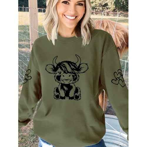 Women Highland Cow Sweatshirt Cute Cowgirl Gift Christmas Farm Sweatshirt Ribbon Long Sleeve Shirts