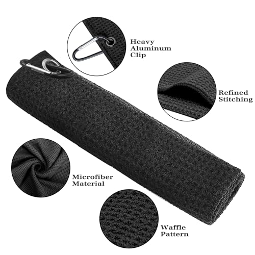 Golf Towel Set with Brush - Black & Gray 16x16 Inch Absorbent Microfiber