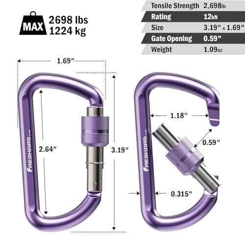 FresKaro 3inches Screw Locking Carabiners, Strong Tensile Strength 12kN/2698lbs, Lightweight, Rust-Free, D Shape Wide Opening Gate, Sturdy and Last Long, Assorted Colors