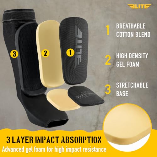 Elite Sports MMA Shin Pads with Instep Guard for Adults & Kids - All Black, L/XL