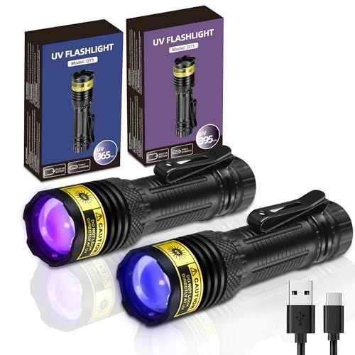 DARKDAWN UV Flashlight 365&395nm Black Light Mini USB Rechargeable Ultraviolet LED Blacklight Woods Lamp Powerful Fluorescent Portable Detector for Pet Urine Stains, Money, Resin Curing£¨2 Pack£©