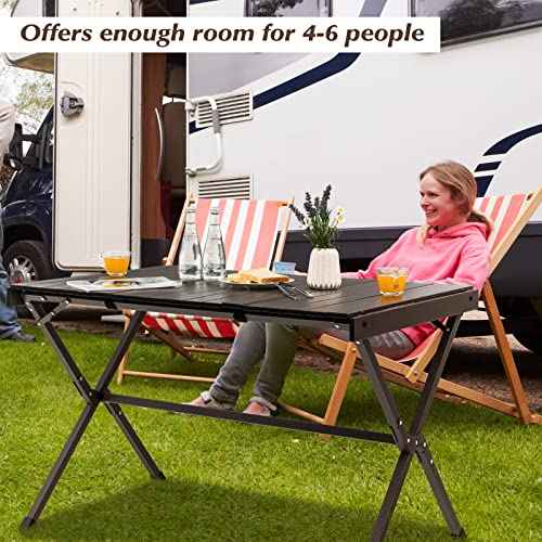 COSTWAY Portable Picnic Table, 28¡¯¡¯ x 43¡¯¡¯ Roll-Up Aluminum Beach Table with Carry Bag for 4-6 Person, Folding Camping Table with Sturdy X-Shaped Frame (Brown)