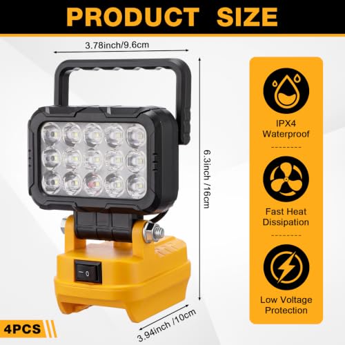 4 Pack Cordless LED Work Lights for Dewalt 20V Batteries - Yellow, Portable