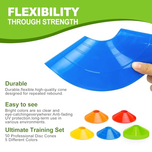 Multi-Color Agility Soccer Cones Set of 50 with Carry Bag for Training Indoor Outdoor