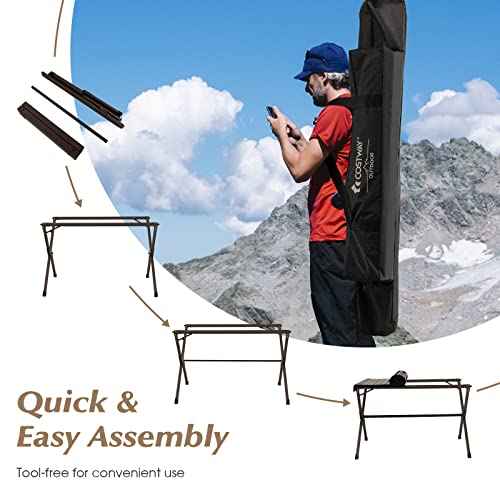 COSTWAY Portable Picnic Table, 28¡¯¡¯ x 43¡¯¡¯ Roll-Up Aluminum Beach Table with Carry Bag for 4-6 Person, Folding Camping Table with Sturdy X-Shaped Frame (Brown)