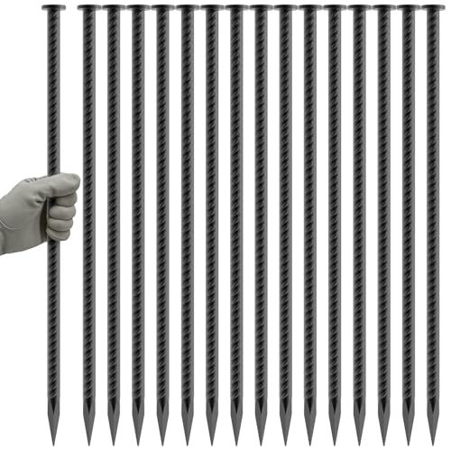 Heavy Duty Rebar Spikes 16 Inch - Black 8 Pack Ground Stakes for Soil, Gravel & Asphalt