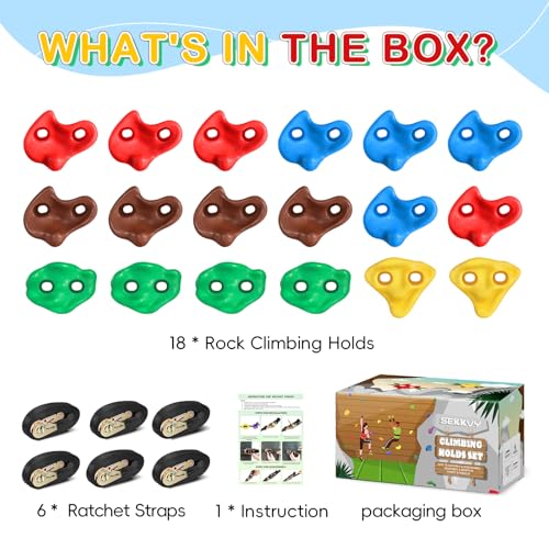 18PCS Tree Climbing Holds Kit with 6 Ratchet Straps for Kids & Adults