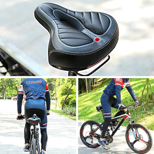 Comfort Bike Saddle Seat with Dual Shock Absorbing Ball and Memory Foam - Wide Waterproof Replacement, Black+Gray Grid