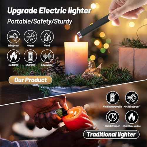 VEHHE Candle Lighter, Windproof Pulse Electric Lighter with Anti-False-Touch Lock and Led Display, Lighters for Candle BBQ Camping Festivals-Black