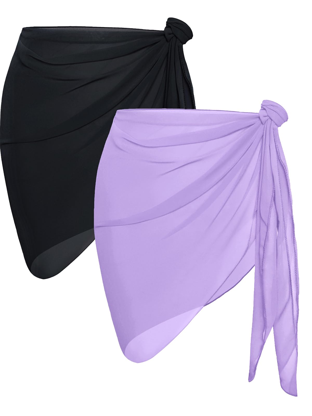 2 Pieces Sarong Cover Ups for Women Beach Bathing Suit Wrap Sheer Short Skirt Bikini Chiffon Scarf for Swimwear (Black and Light Purple)