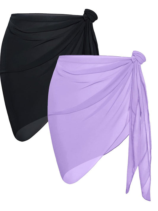 2 Pieces Sarong Cover Ups for Women Beach Bathing Suit Wrap Sheer Short Skirt Bikini Chiffon Scarf for Swimwear (Black and Light Purple)