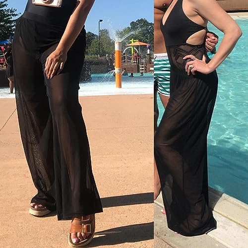 Women's Sheer Mesh Beach Cover Up Pants - Black, Medium