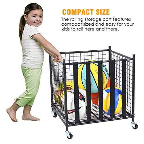 Snail Garage Sports Equipment Storage Organizer Sports Ball Storage Rolling Cart with Basket and Hooks Lockable Sports Ball Cage Storage Rack for Garages, Playgroup, Gym and Schools, Black