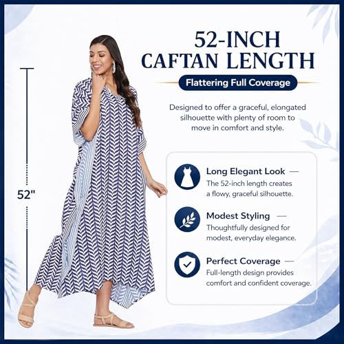 Indigo Blue Plus Size Caftan Maxi Dress for Women, Beach Cover Up Kimono Sleeve