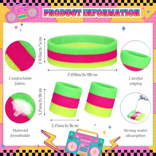 Neon Sweatbands Set - 3 Pack Neon Headband and Wristbands, Mixing Colors