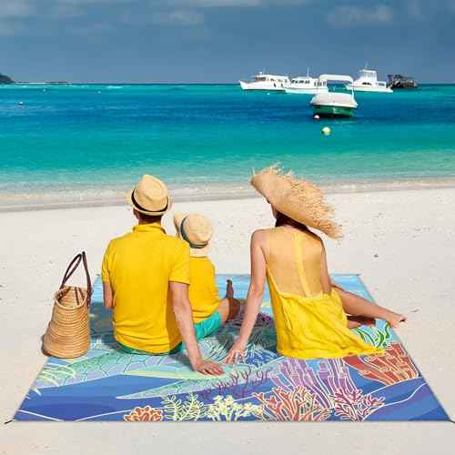 Beach Blanket Waterproof Sandproof Large Beach Mat 79" X 83" for 2-4 Adults Sand Free Mat Quick Drying,Lightweight & Durable with 4 Stakes & 4 Corner Pockets for Beach Travel Camping.(Sea Turtle)