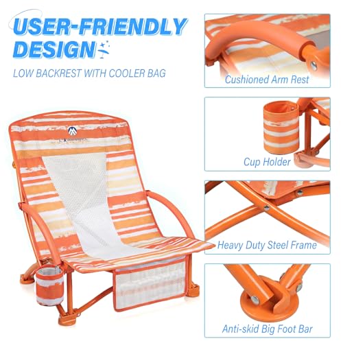 Heavy Duty Folding Beach Chairs 2 Pack with Cooler Bag - Orange Strip Low Back