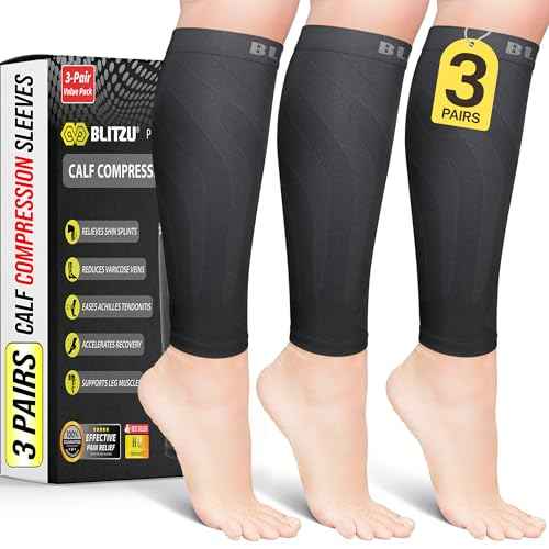 BLITZU 3 Pairs Calf Compression Sleeves for Men and Women. Footless Compression Socks & Leg Support for Running, Travel, Nursing, Fitness. Shin Splints Pain Relief & Reduce Swelling Black L-XL
