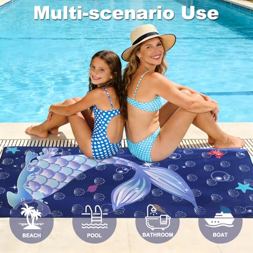 Dark Purple Mermaid Beach Towel Set 4 Pack 30x60in Microfiber Sand-Free Swim Towels