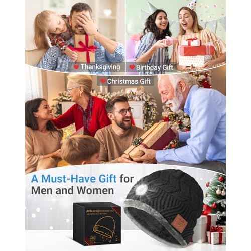 Bluetooth Beanie with a Light, Rechargeable Hat with 4 LED Headlamp & Headphones, Christmas Stocking Stuffers Gifts for Men