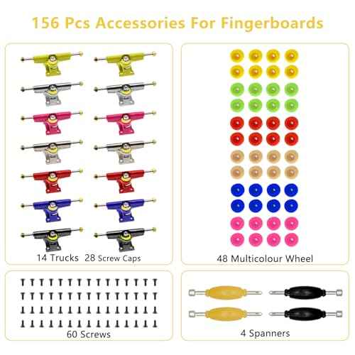 SIXPOINTS 156 Pieces DIY Fingerboard Making Kit Case-31mm Multicolour Trucks,Wheel, Screws,Nuts,Spanner,Compatible with Most Finger Board Repair Replace Tool (Multicolour Trucks Repair Box)