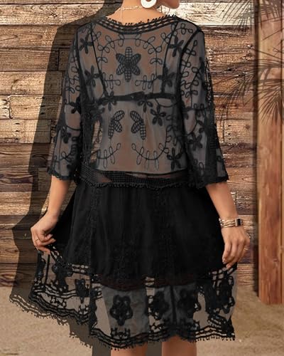 Women Lace Swim Cover Up Dress - Black, One Size Beach Vacation Style