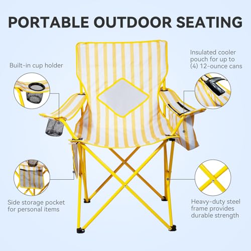 Outdoor Camping Chair with Cooler Pouch Foldable Portable Mesh Backrest Yellow 2 Pack