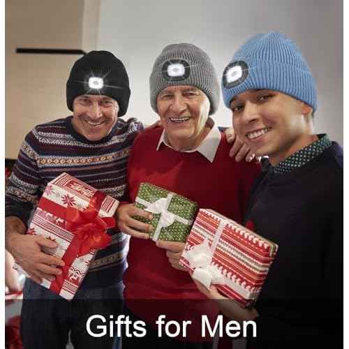 MELASA Winter Fleece Lined LED Beanie, USB Rechargeable Hand Free Warm Hat with Light Built in, Gifts for Men Dad Husband Him