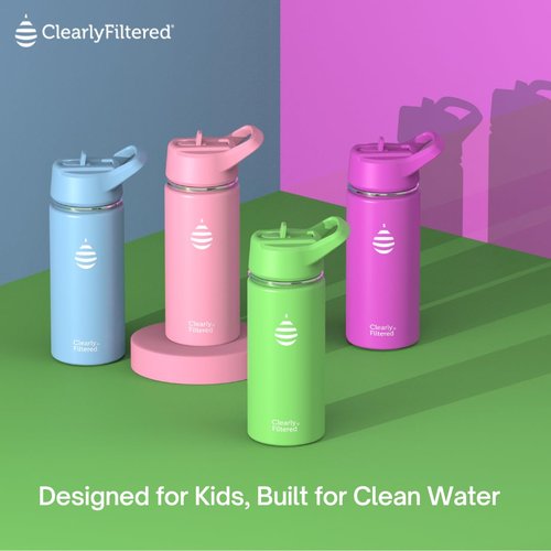 Clearly Filtered Water Bottle | Removes 220+ Contaminants, Double-Wall Insulated Stainless Steel, BPA/BPS Free, Phthalate Free, Filters Flouride Lead Chlorine (16oz, Purple Dino)
