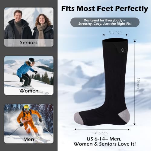 Rechargeable Heated Socks for Men Women Black - Battery Powered Thermal Foot Warmers for Cold Weather Hiking Hunting Winter Outdoor