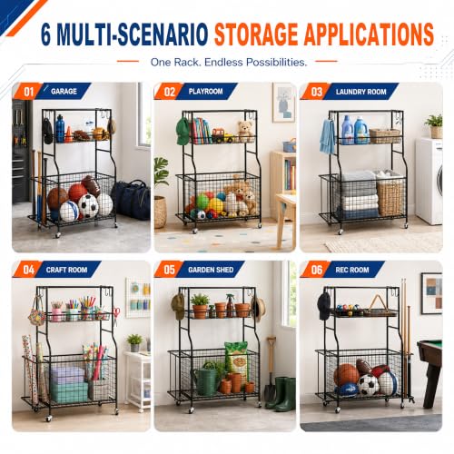 DuraMax Garage Sports Storage Rack with Wheels, Ball & Equipment Organizer