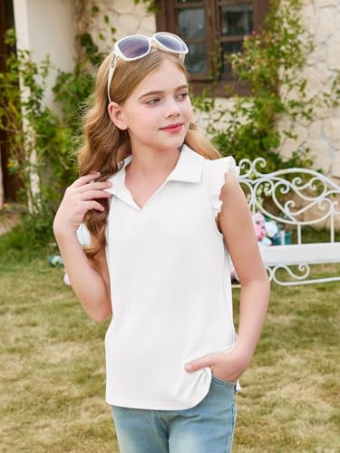 Girls Ruffle Short Sleeve Polo Shirt Golf Tennis Top 5-14 Years - White, 11-12 Years