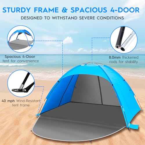 Beach Tent Sun Shelter for 3?4 People, UPF 50+ Beach Tent with Breathable 4-Door Design, 8.0mm Fiberglass Poles, Portable Sun Shade Canopy for Camping & Outdoor ? Blue