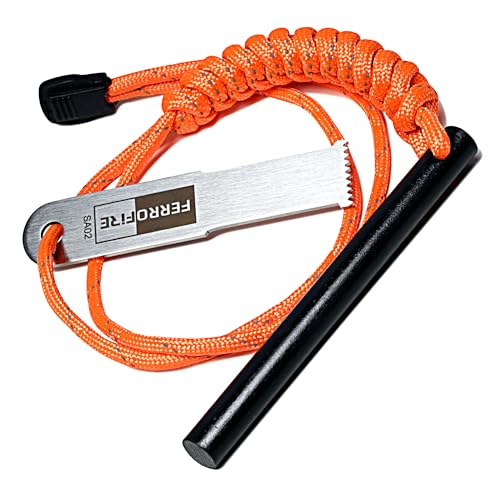 Survival Fire Starter Ferro Rod 3/8" x 4" with Paracord & All-Weather Striker - Variation of FS384 15,000+ Sparks