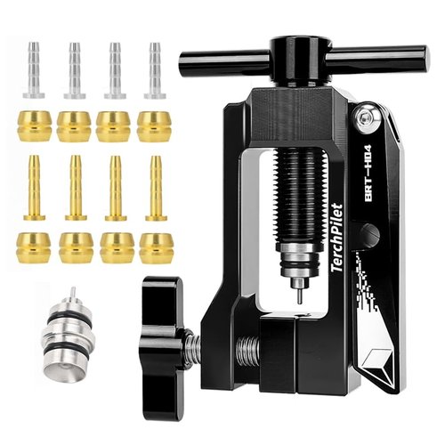 Bicycle Brake Hydraulic Hose Fitting Insert and Needle Driver Tool - Clean Cuts,All-in-One Solution for Mineral Brake Line Cutter,Barb Olive Banjo Head Press Tool, Black
