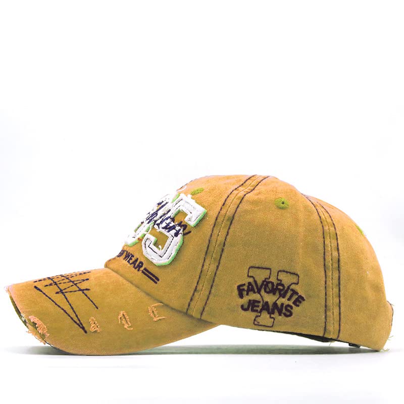 Washed Denim Baseball Cap for Men Women Adjustable Dad Trucker Hat - Yellow, 6 3/4-7 1/2