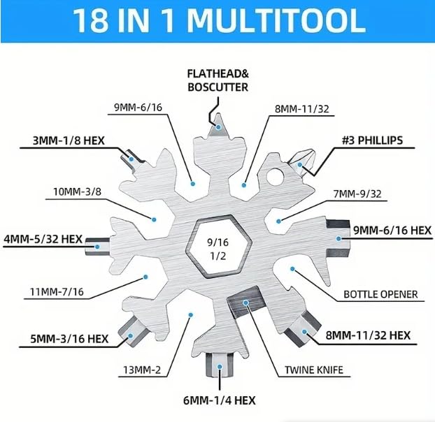18 in 1 Snowflake Wrench Snowflake Multi Tool EDC Camping Gear Octagonal Phillips Flat Screwdriver Kit/Wrench/Bottle Opener (Black)