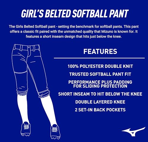 Girls' Belted Softball Pants - Large Grey Mizuno Performance Fit