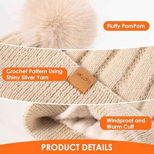 Womens Winter Beanie Hat with Faux Fur Pom Pom,Soft Warm Fleece Lined Knit Beanie for Cold Weather