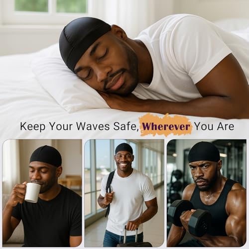 Adjustable Wave Cap for Men Black+Black - Elastic Stocking Cap for 360/540/720 Waves
