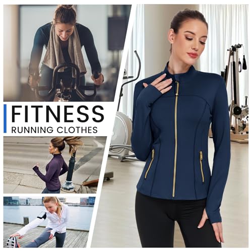 Women's Lightweight Zip Workout Jackets - Medium Dark Blue Gold Zip