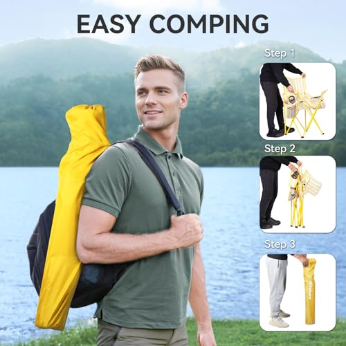 Outdoor Camping Chair with Cooler Pouch Foldable Portable Mesh Backrest Yellow 2 Pack