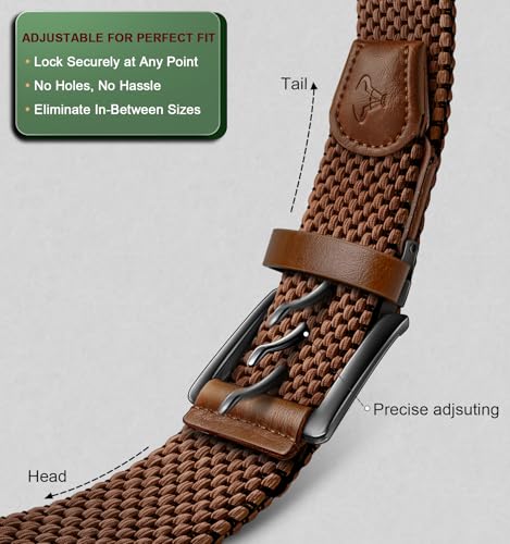 Men's Reversible Stretch Braided Web Belt 1 3/8 Inch with Gift Box, Black & Light Brown, Adjustable Waist 32-36